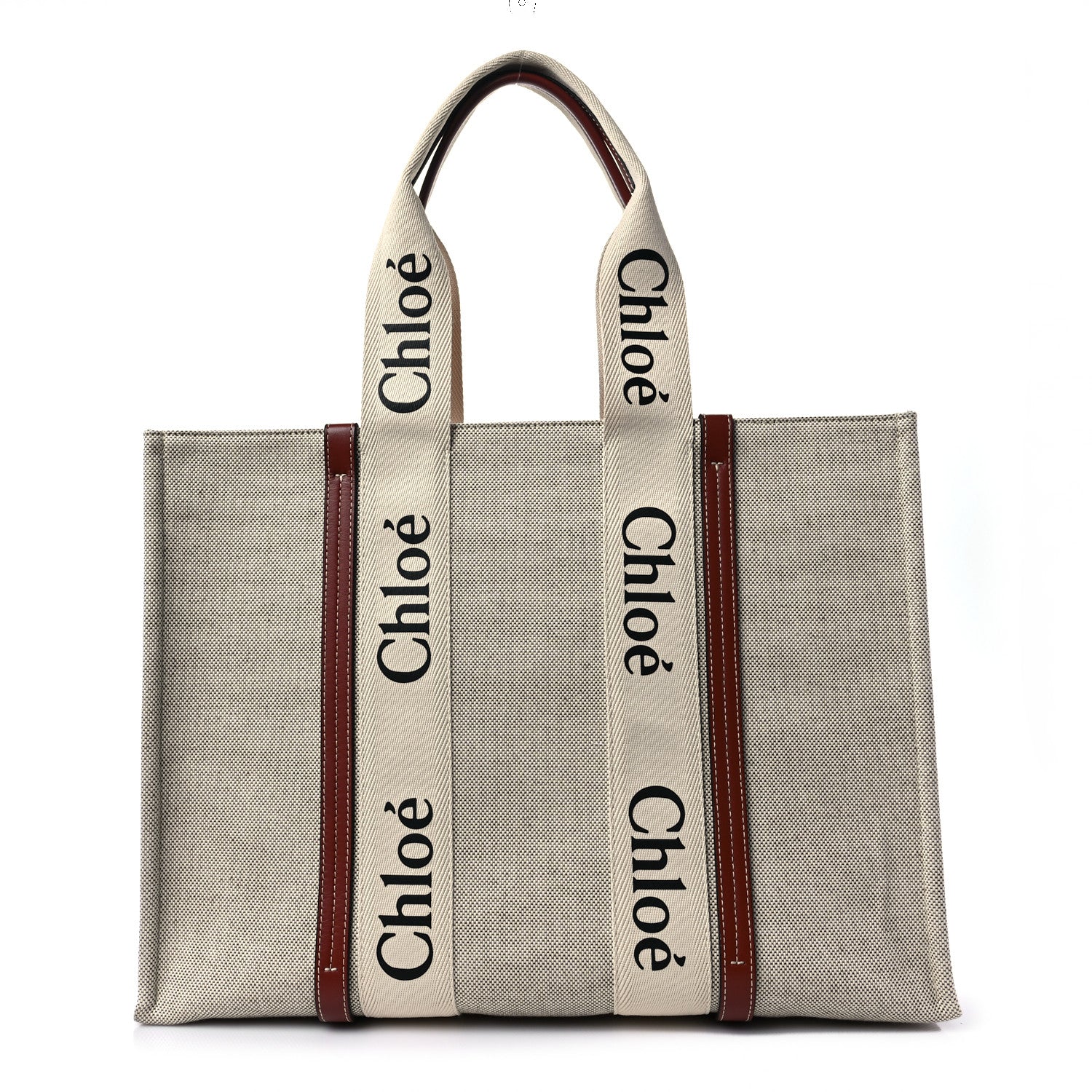 Chloe Cotton Calfskin Large Woody Ribbon Tote White Brown 1 of 7