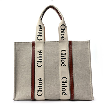 Chloe Cotton Calfskin Large Woody Ribbon Tote White Brown 1 of 7