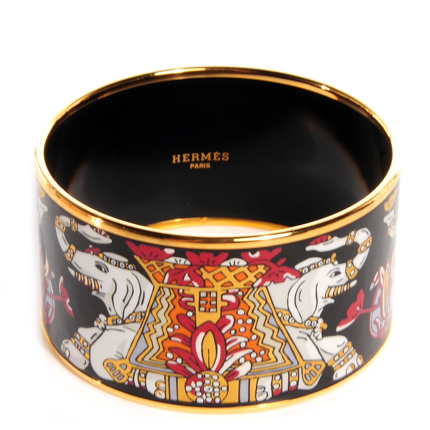 Hermes Enamel Printed Elephant Torana Extra Wide Bracelet 70 Black 1 of 6