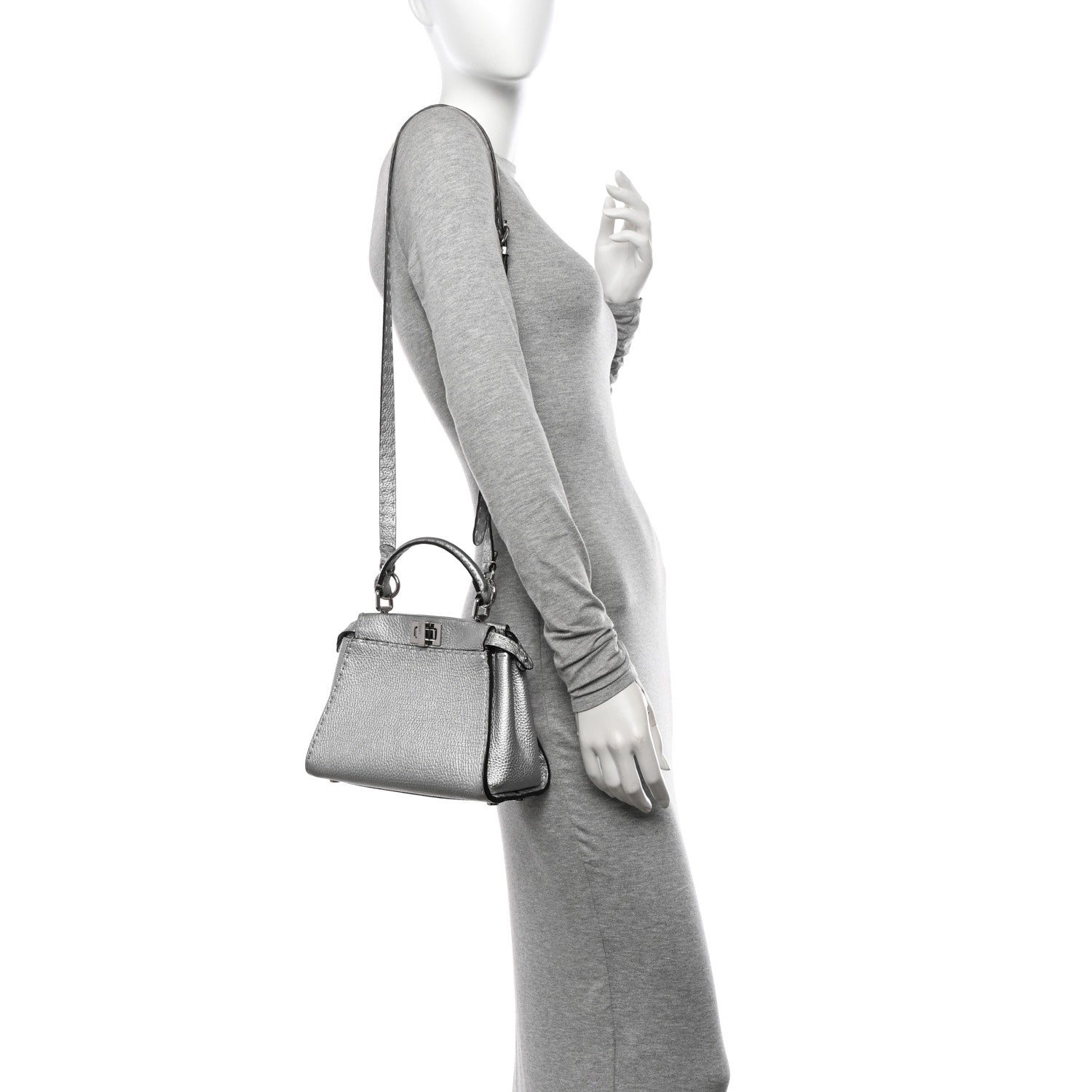 Fendi Cuoio Romano Lux Selleria Mini Peekaboo Iconic Satchel Argento 2 of 9