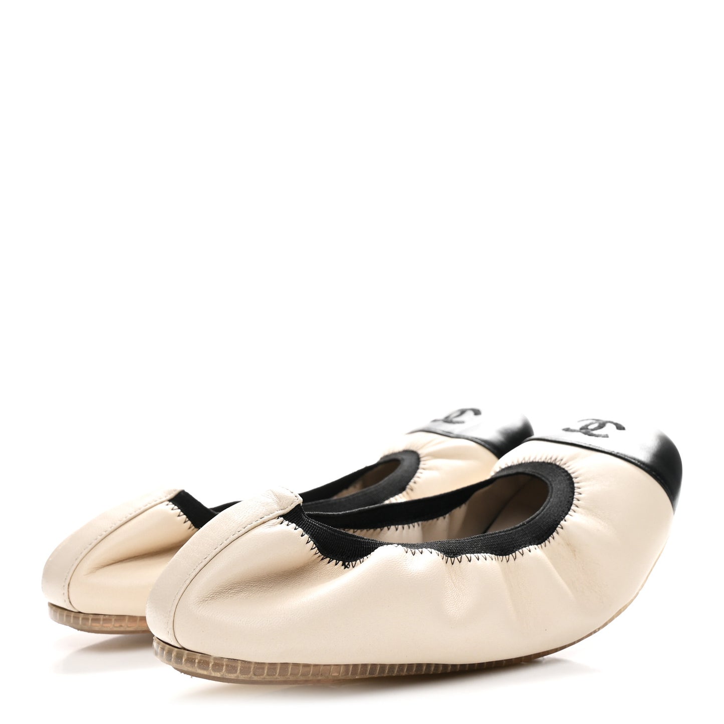 Lambskin CC Elastic Cap Toe Ballerina Flats 35 White Black