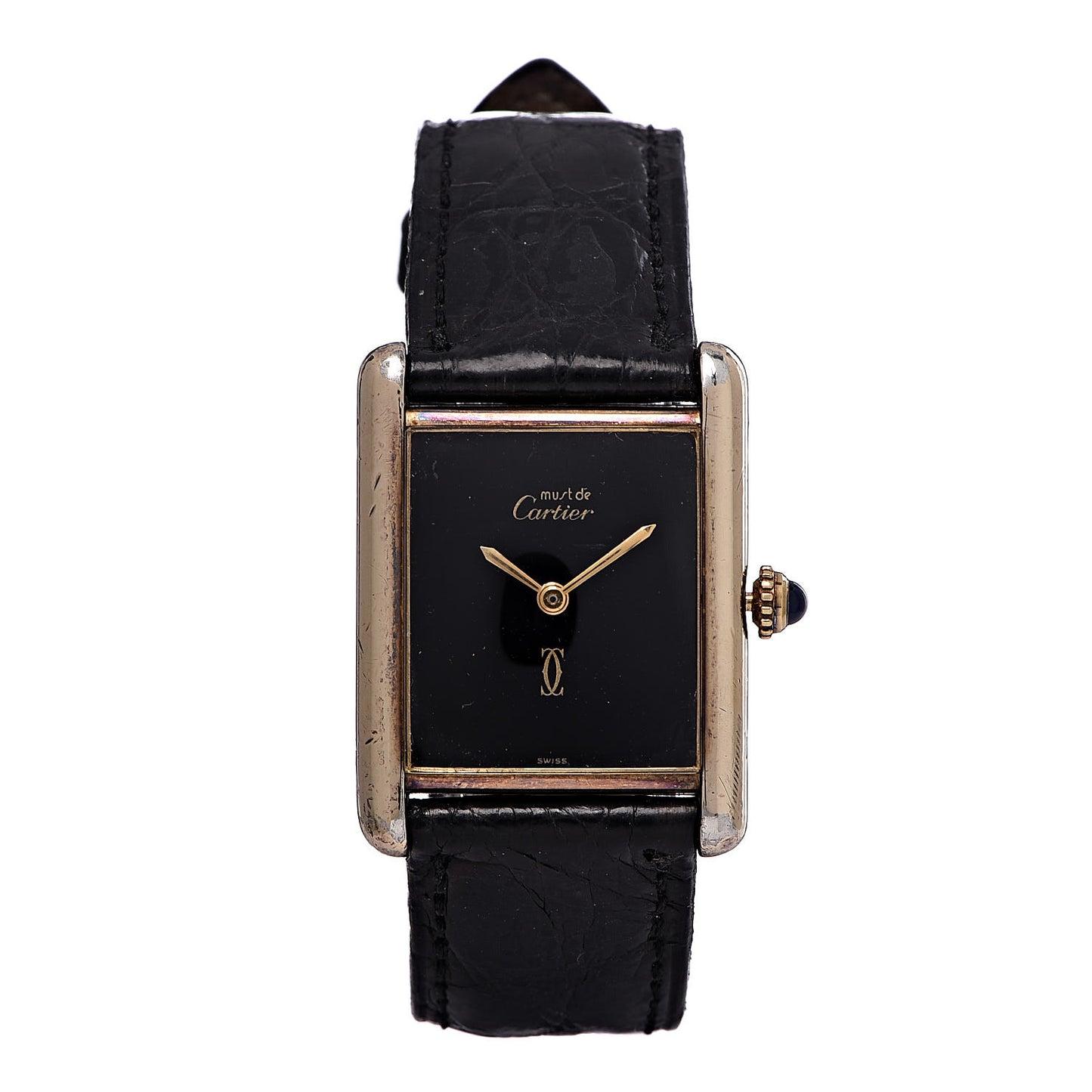 Sterling Silver Vermeil Alligator 23mm Must de Cartier Tank Quartz Watch Black