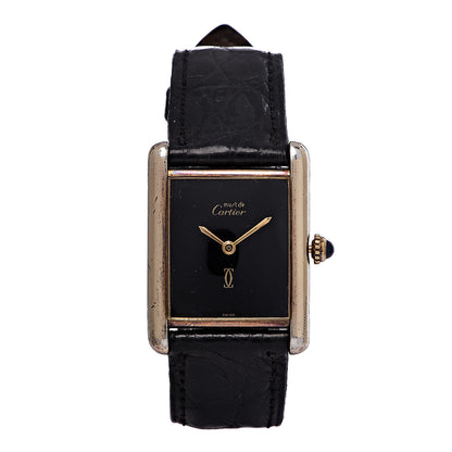 Cartier Sterling Silver Vermeil Alligator 23mm Must de Cartier Tank Quartz Watch Black 1 of 16