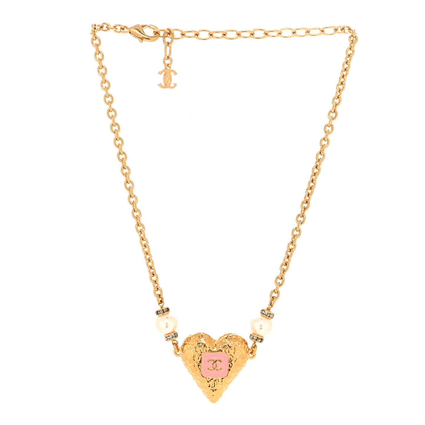 Resin Crystal Pearl Chain Heart CC Pendant Necklace Pink White Gold