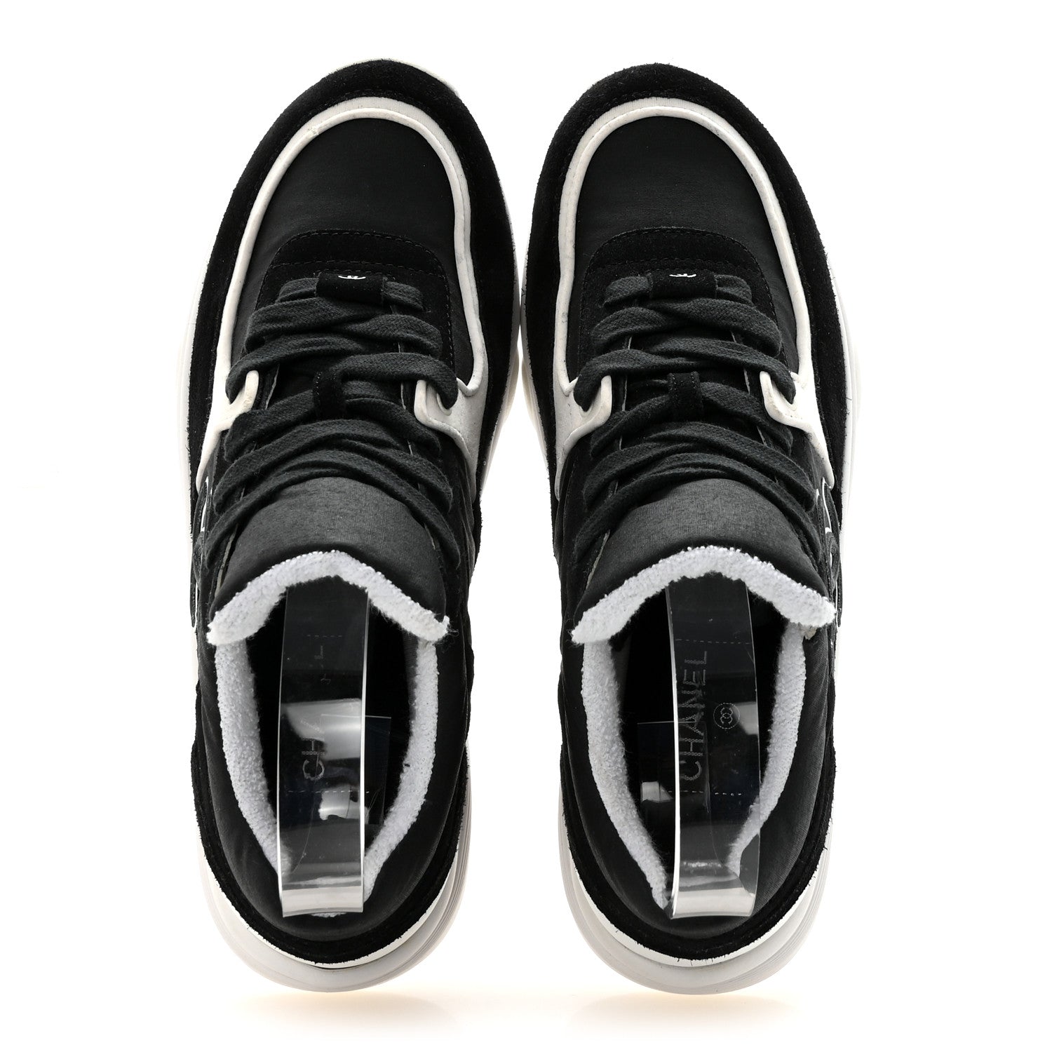 Chanel Fabric Calfskin Suede CC Sneakers 36.5 Black White 2 of 10