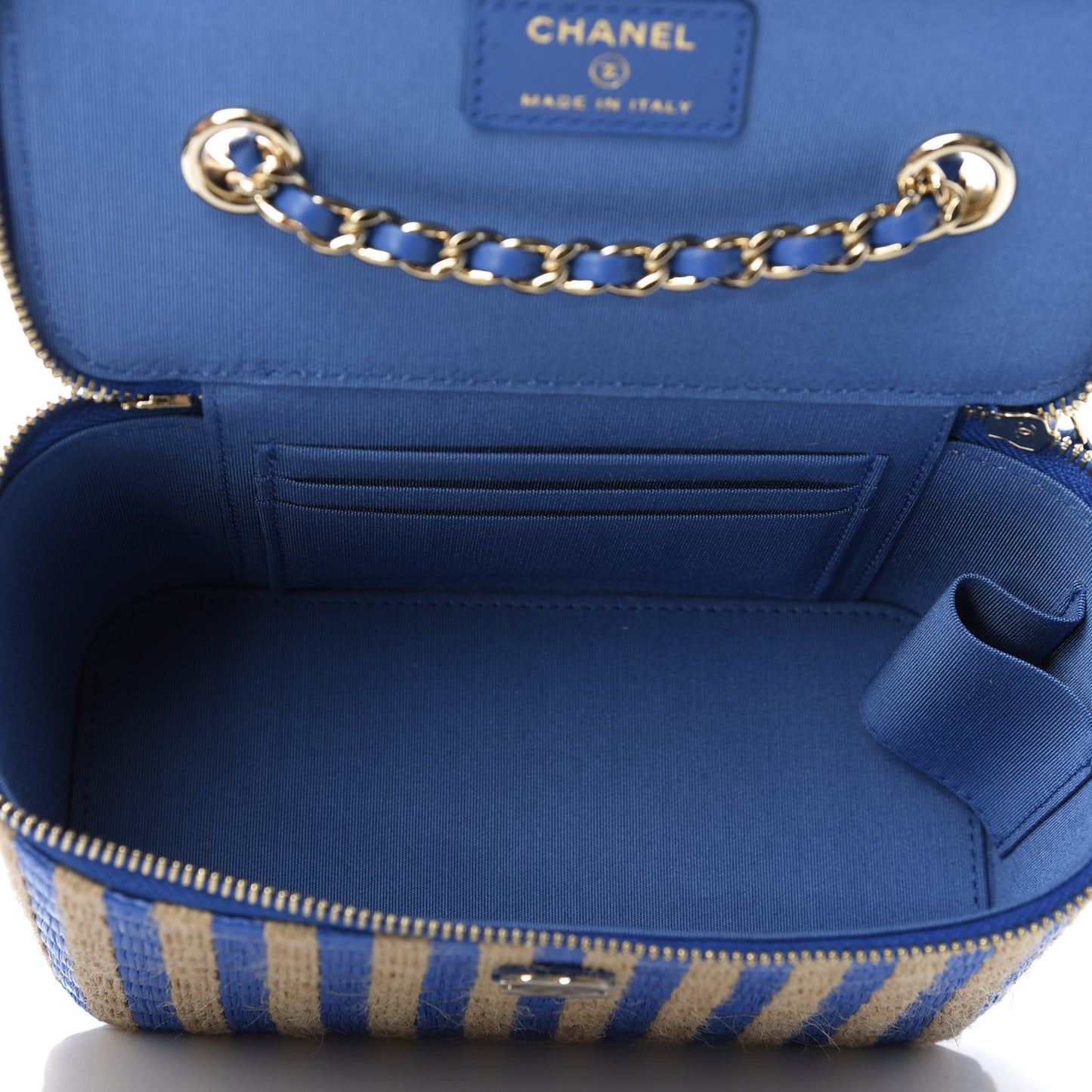 Raffia Jute Striped Small Vanity Case With Chain Blue Beige
