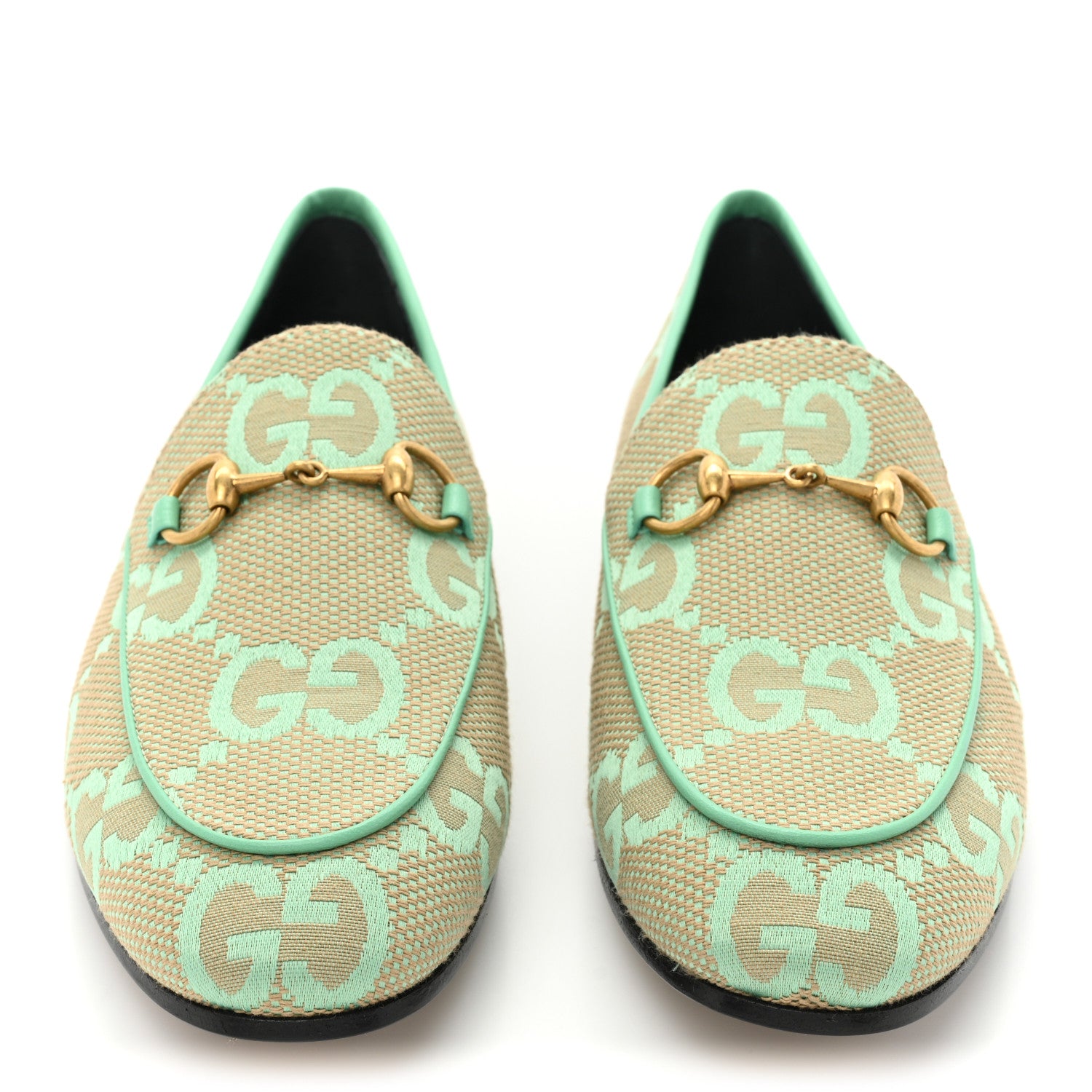 Gucci Canvas Monogram Jumbo GG Nappa Horsebit Womens Jordaan Loafers 37.5 Beige Pepperlight Mint 2 of 9