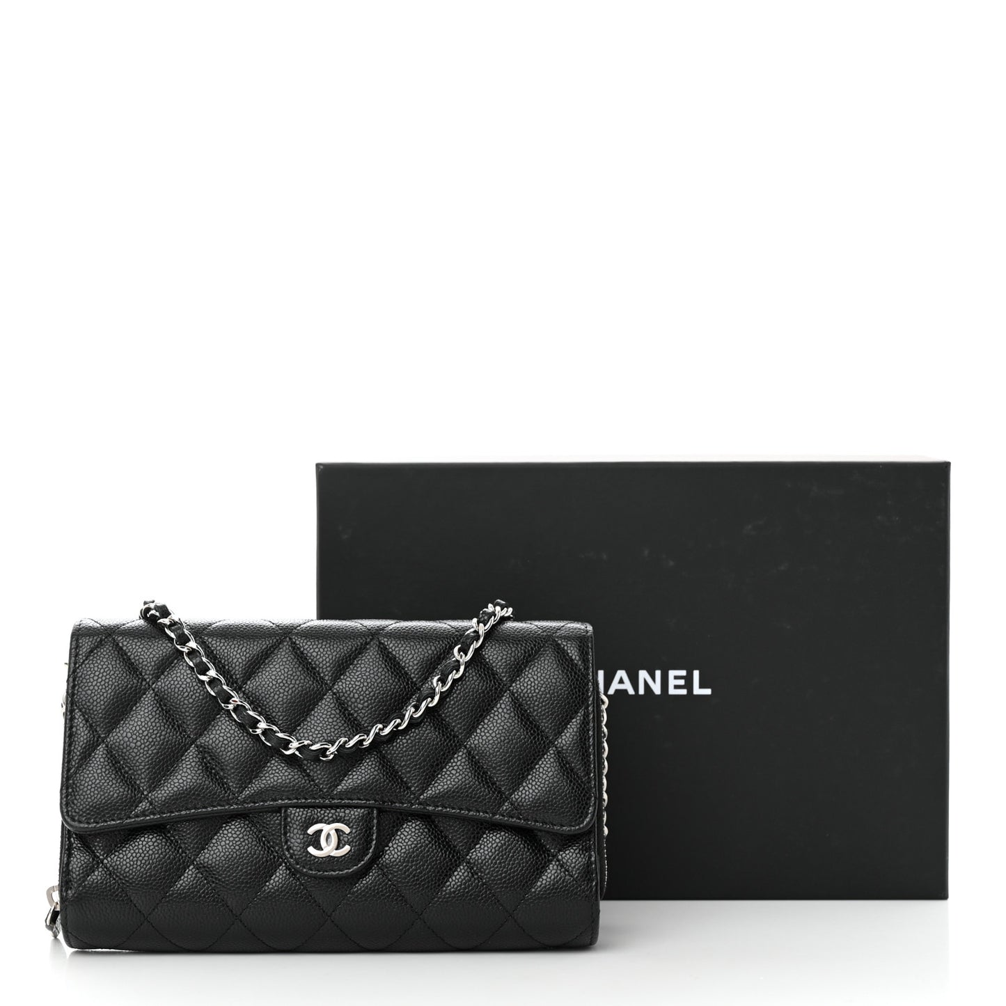 Caviar Quilted Phone Holder Wallet on Removable Chain Black