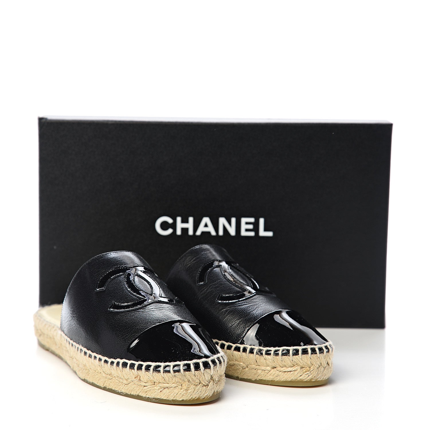 Chanel Goatskin Patent CC Espadrille Mules 37 Black 11 of 11