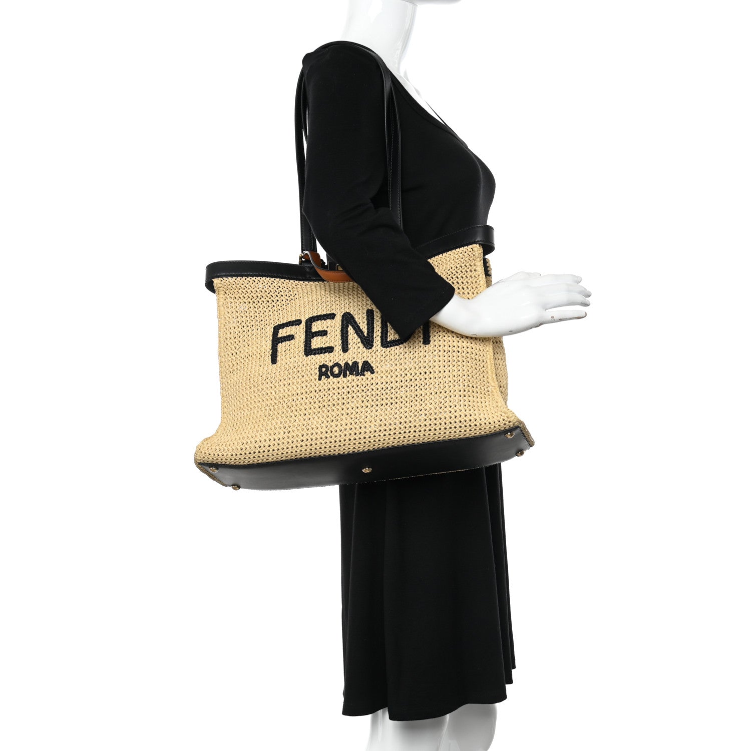 Fendi Raffia Vitello King Macrame Mesh Medium Peekaboo X-Tote Natural Black Cuoio 2 of 13
