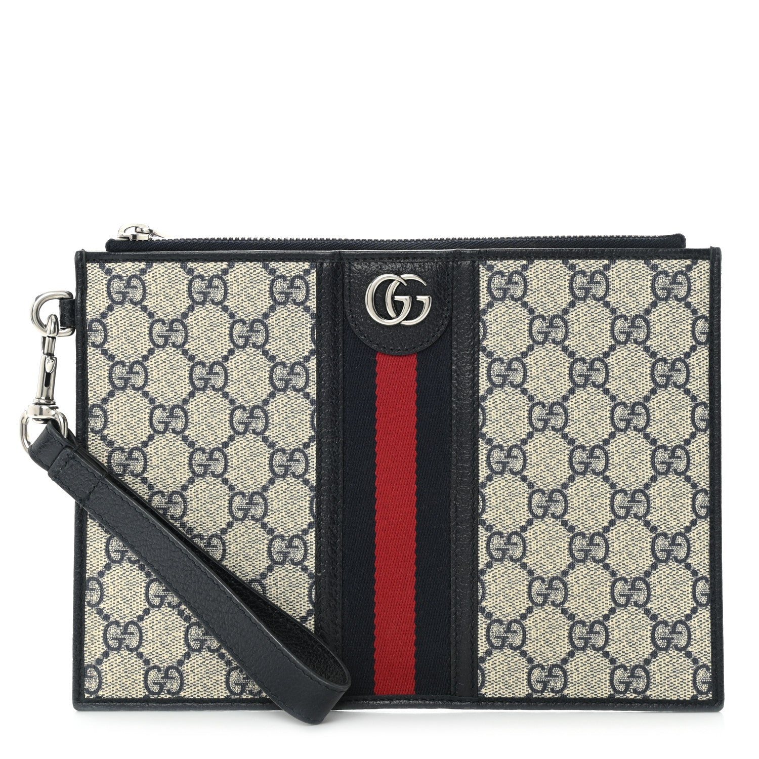 Gucci GG Supreme Monogram Textured Dollar Calfskin Web Ophidia Wristlet Pouch Beige Blue 1 of 9