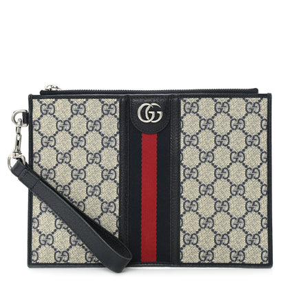 Gucci GG Supreme Monogram Textured Dollar Calfskin Web Ophidia Wristlet Pouch Beige Blue 1 of 9