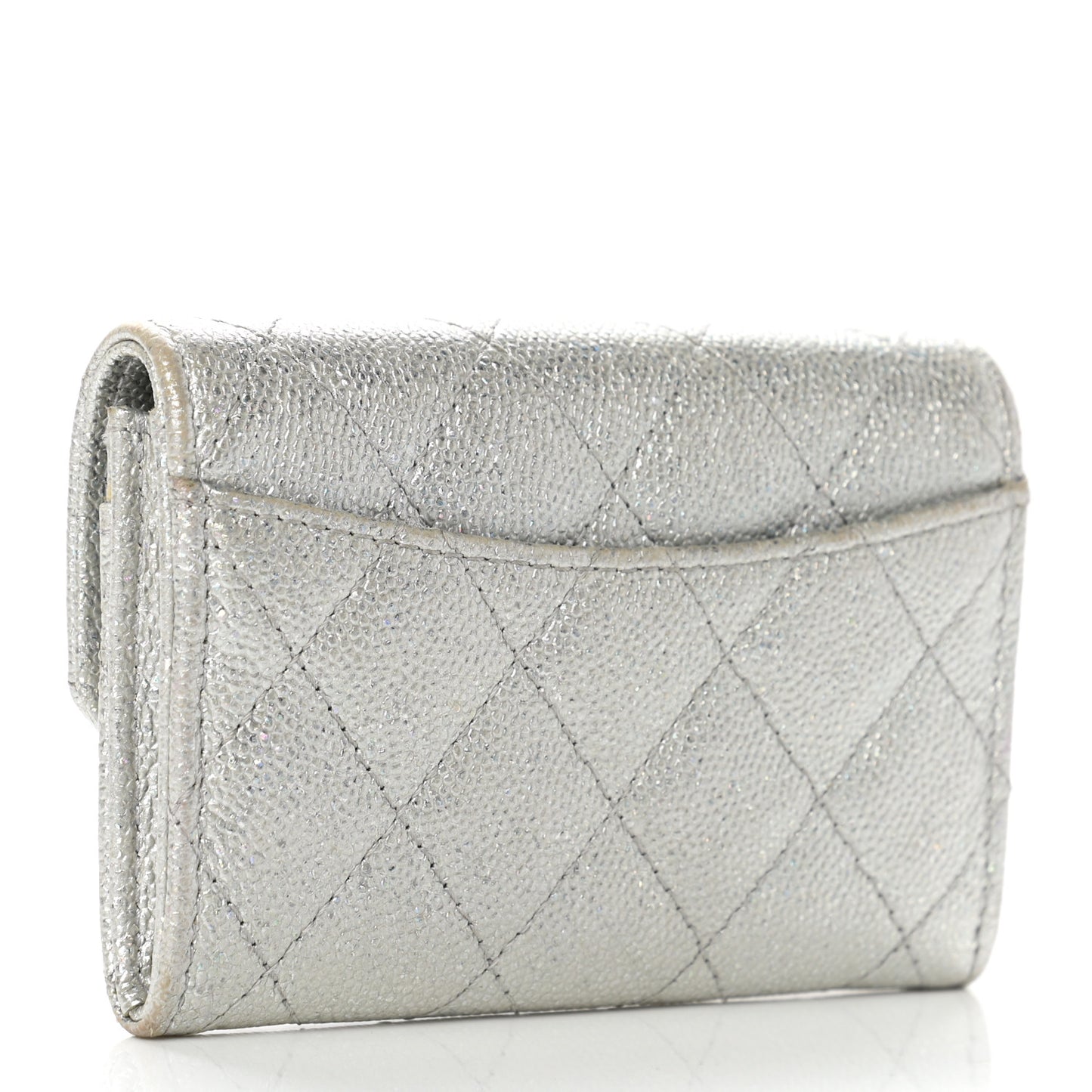 Glittered Metallic Caviar Quilted Flap Card Holder Wallet Silver