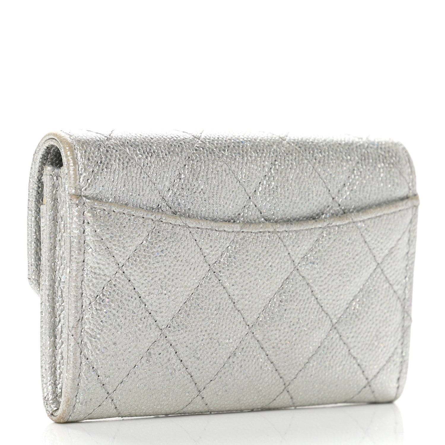 Chanel Glittered Metallic Caviar Quilted Flap Card Holder Wallet Silver 4 of 10