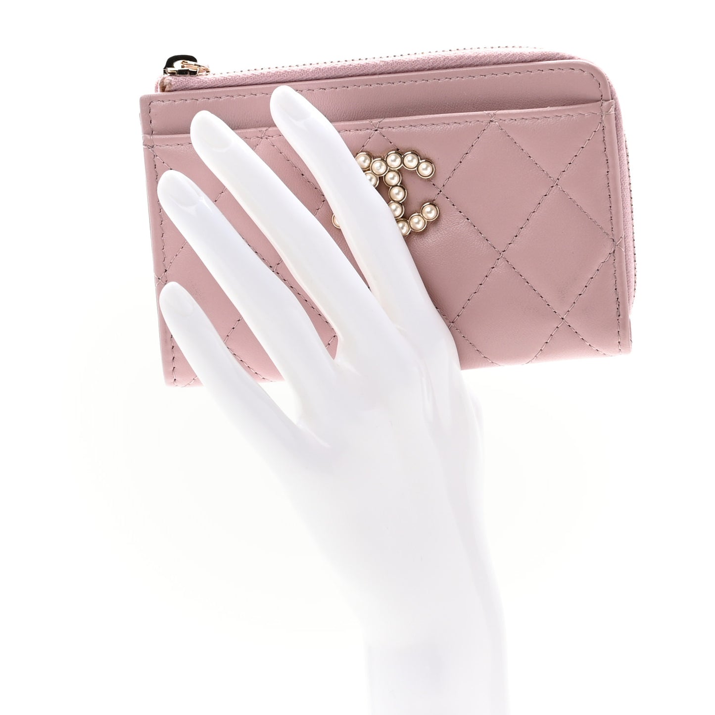 Lambskin Quilted Pearl Crystal CC Zip Around Card Holder Pink
