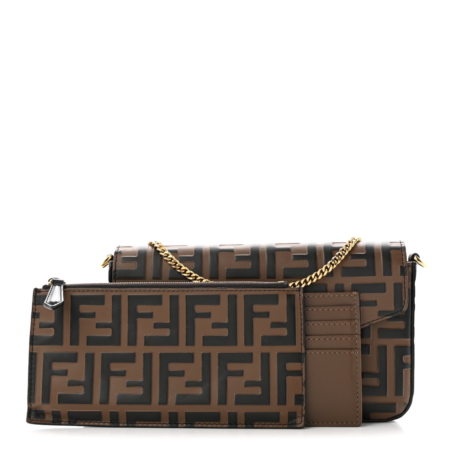 Fendi Vitello Soft F is Fendi Bi-Color FF 1974 Embossed Envelope Wallet On Chain with Pouches Maya Black 3 of 12