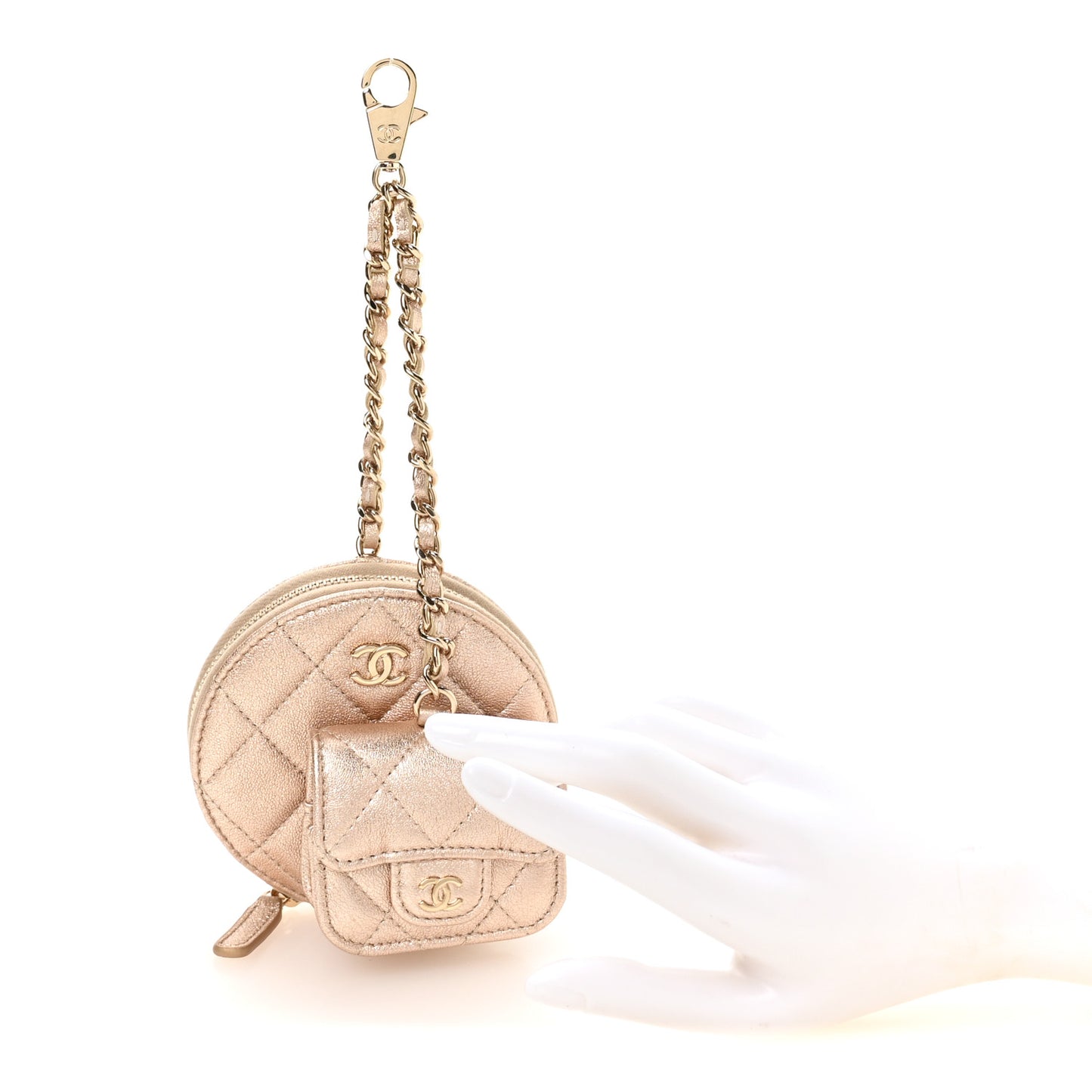 Metallic Lambskin Quilted Round Clip On Coin Purse Airpods Case Gold