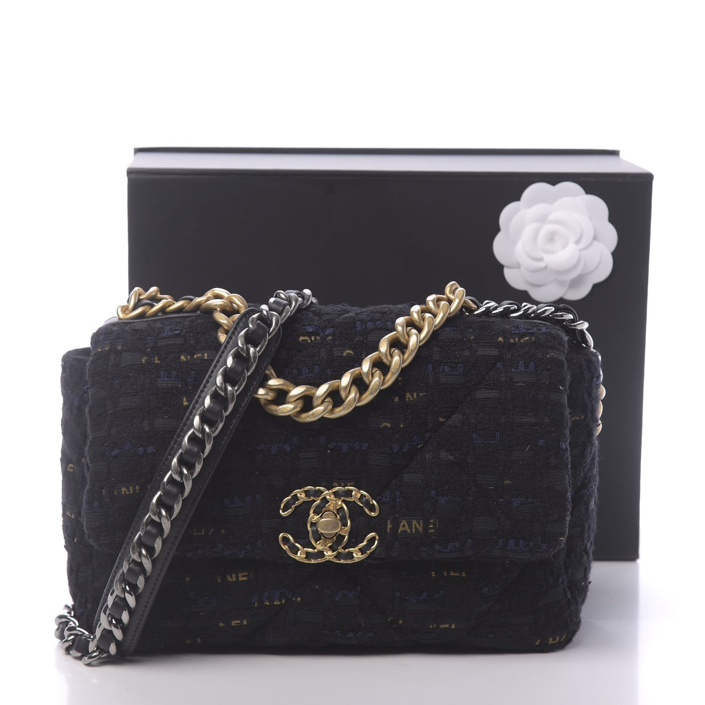 Tweed Quilted Medium 19 Flap Black Navy Gold