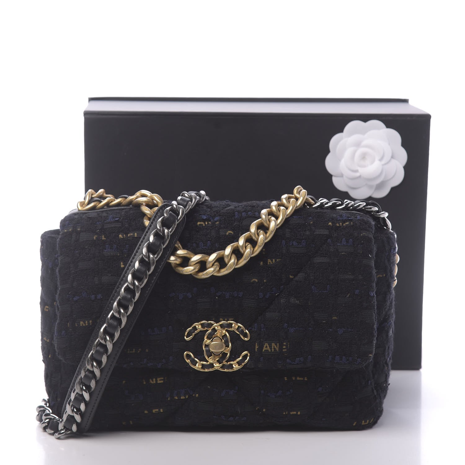 Chanel Tweed Quilted Medium 19 Flap Black Navy Gold 11 of 11