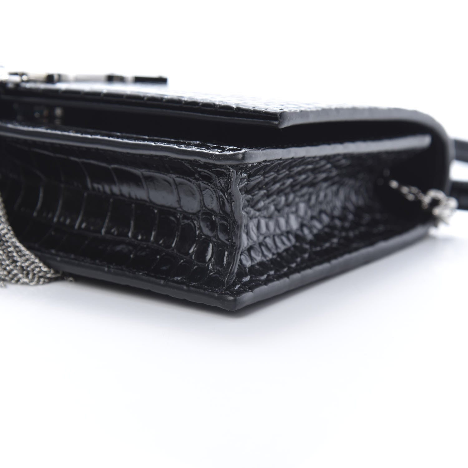 Saint Laurent Calfskin Crocodile Embossed Kate Monogram Tassel Chain Wallet Black 11 of 12