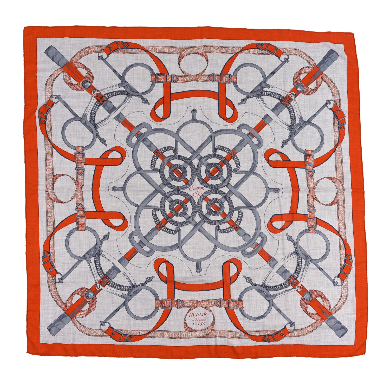 Hermes Cashmere Silk Eperon D'Or Shawl 140  Orange Gris Chine 1 of 3
