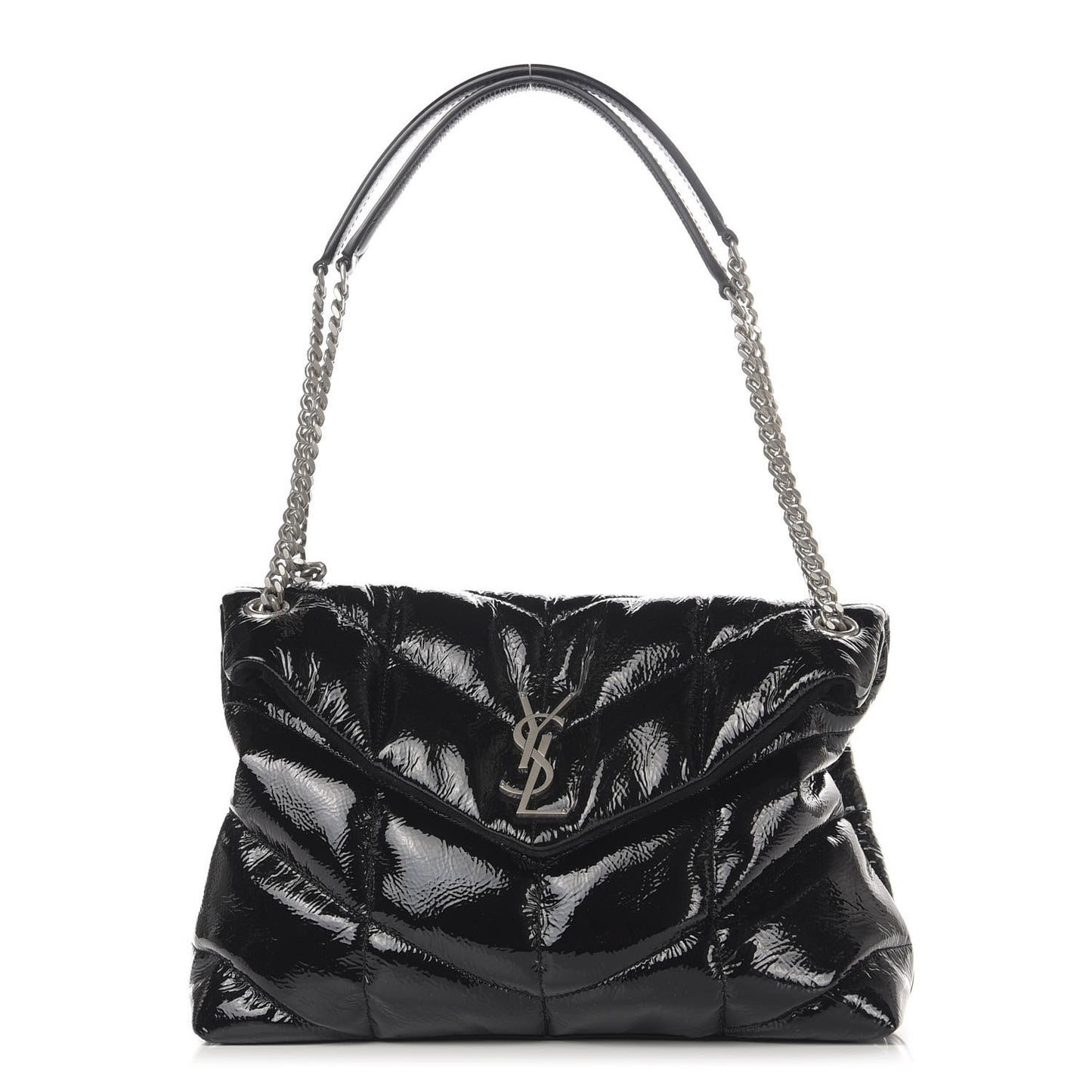 Shiny Calfskin Quilted Medium Loulou Puffer Monogram Chain Satchel Black