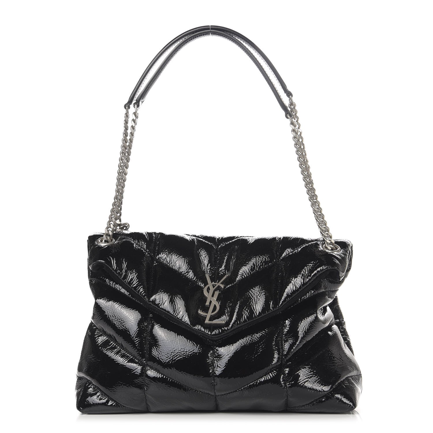 Saint Laurent Shiny Calfskin Quilted Medium Loulou Puffer Monogram Chain Satchel Black 1 of 10