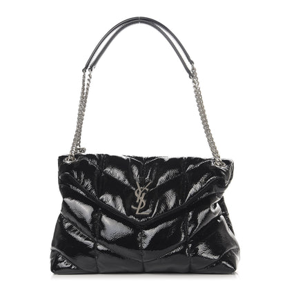 Saint Laurent Shiny Calfskin Quilted Medium Loulou Puffer Monogram Chain Satchel Black 1 of 10
