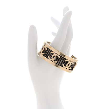 Chanel CC Tweed Cuff Bracelet M Gold Beige Black 2 of 6