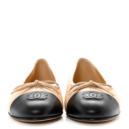 Chanel Lambskin Cap Toe CC Ballerina Flats 37 Beige Black 2 of 9
