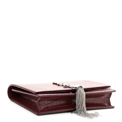 Saint Laurent Calfskin Crocodile Embossed Kate Monogram Tassel Chain Wallet Rouge Legion 4 of 9