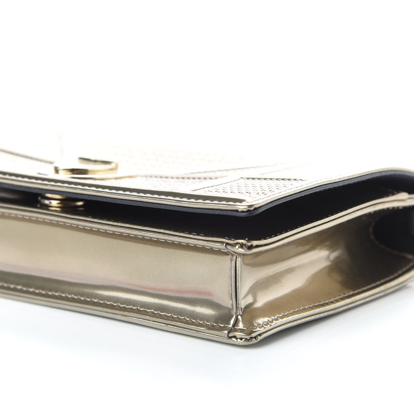 Metallic Patent Micro-Cannage Diorama Wallet on Chain Pouch Gold