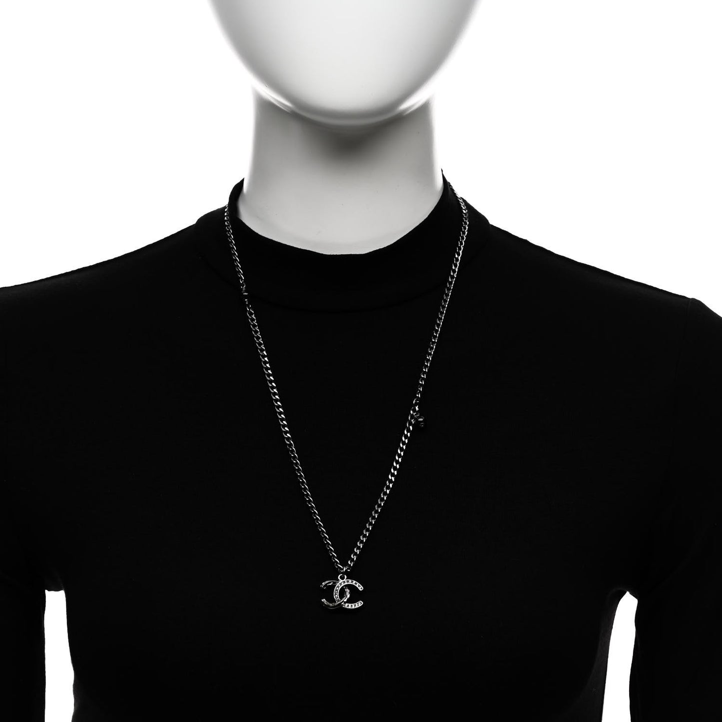 Crystal Textured CC Pendant Necklace Ruthenium