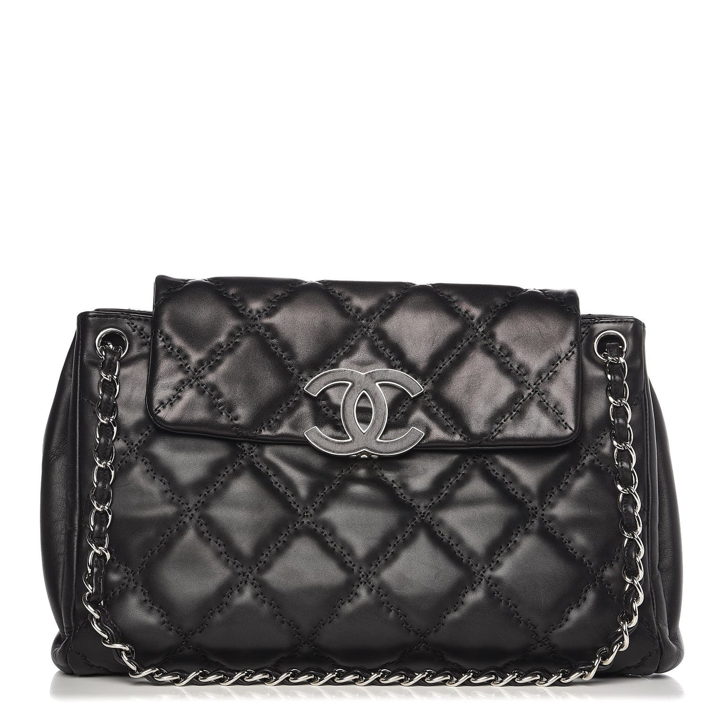 Calfskin Double Stitch Large Hamptons Flap Bag Black