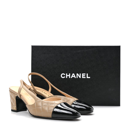 Chanel Lambskin Patent Calfskin Quilted Cap Toe CC Slingback Pumps 38 Beige Black 8 of 8