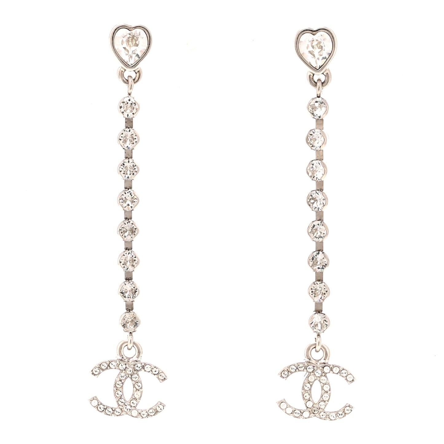 Crystal CC Heart Drop Earrings Silver