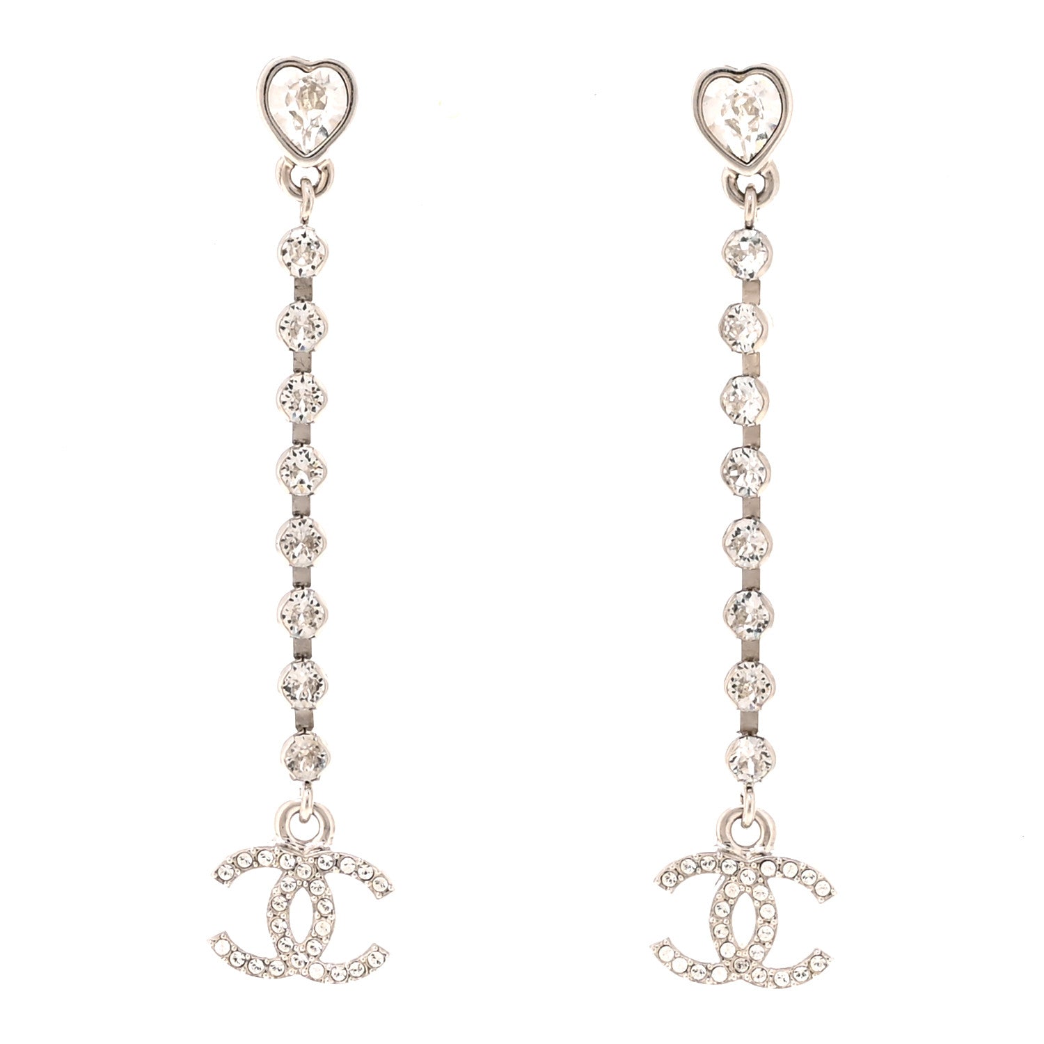 Chanel Crystal CC Heart Drop Earrings Silver 1 of 5