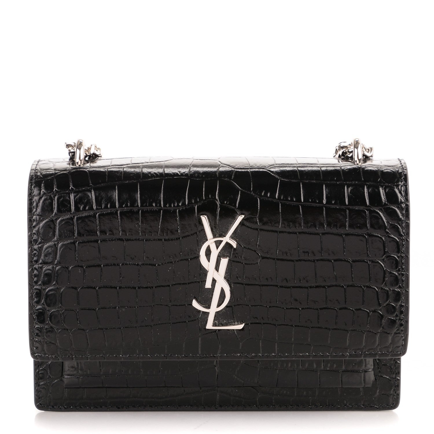Saint Laurent Calfskin Crocodile Embossed Monogram Sunset Chain Wallet Black 1 of 6