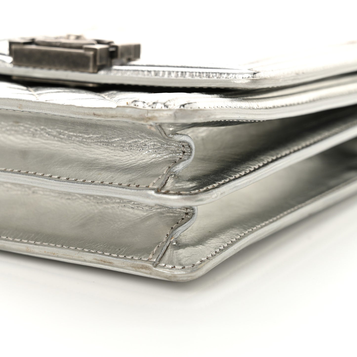 Metallic Goatskin Quilted North South Boy Flap Silver