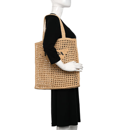 Prada Yarn Raffia Effect Crochet Logo Embroidered Tote Bag Naturale 2 of 9