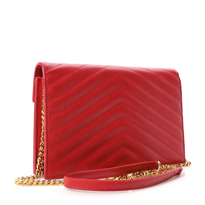 Saint Laurent Grain De Poudre Matelasse Chevron Monogram Envelope Chain Wallet  New Red 3 of 12