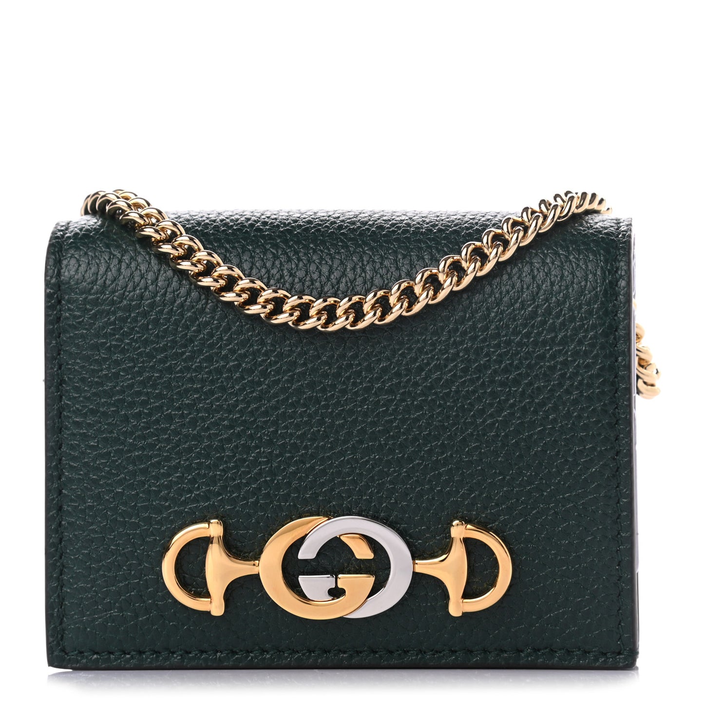 Grainy Calfskin Zumi Chain Card Case Wallet Vintage Green