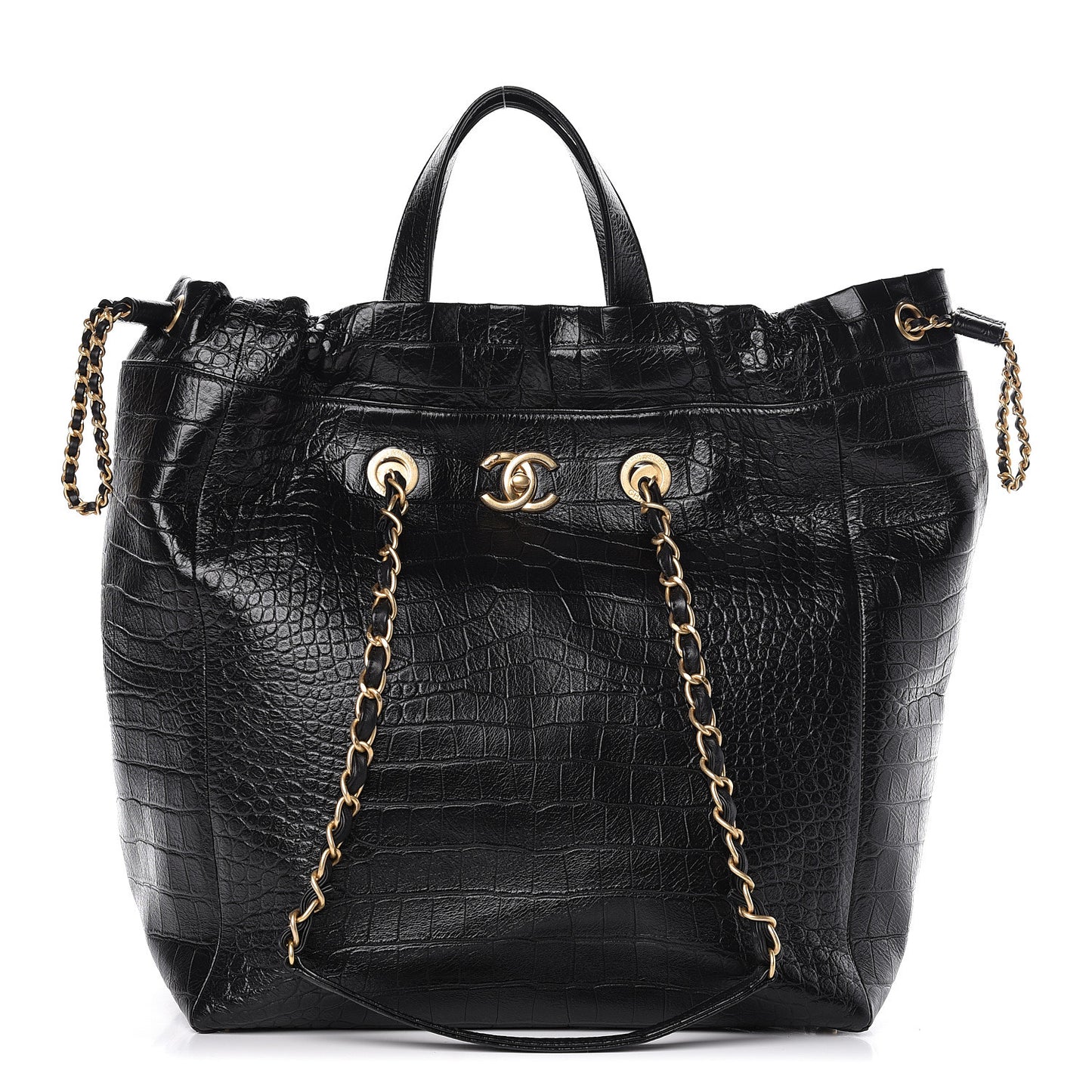 Calfskin Crocodile Embossed Large Cocodile Shopping Tote Black