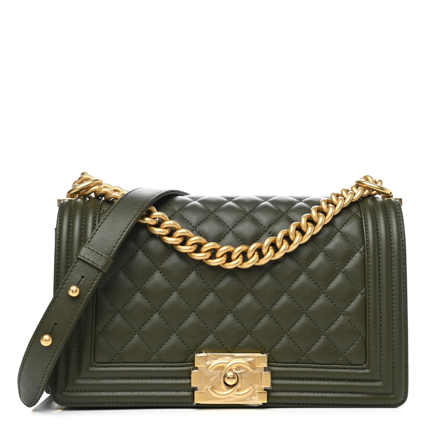 Calfskin Quilted Medium Boy Flap Khaki