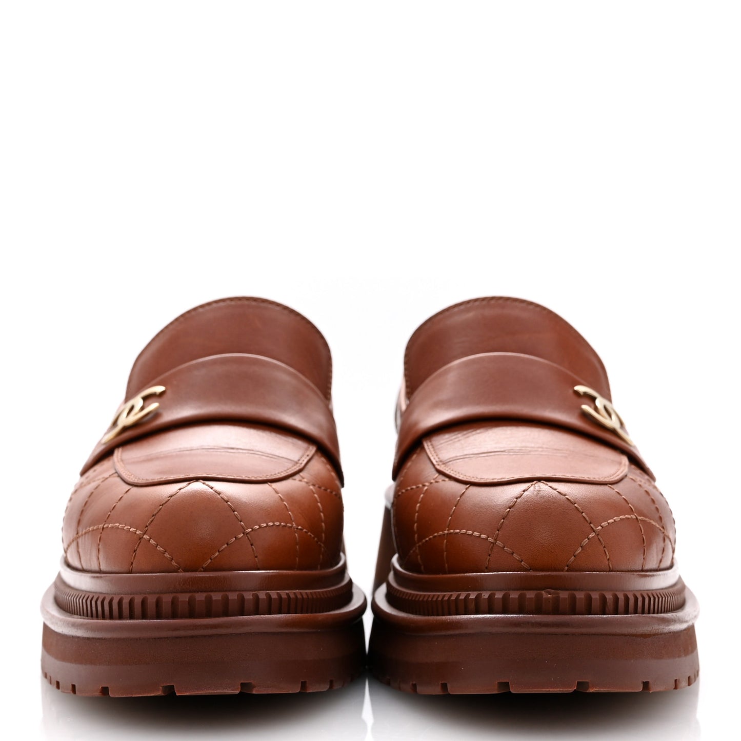 Calfskin Quilted CC Mocassin Loafers 38.5 Light Brown