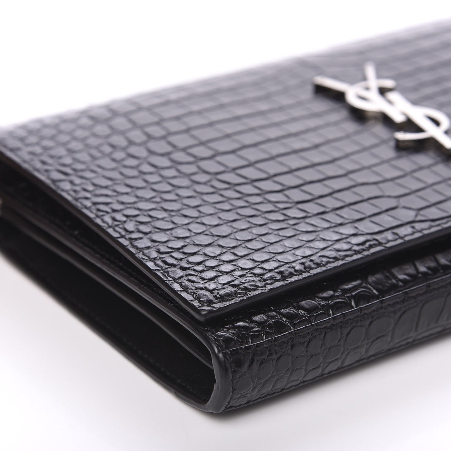 Crocodile Embossed Calfskin Monogram Chain Wallet Black