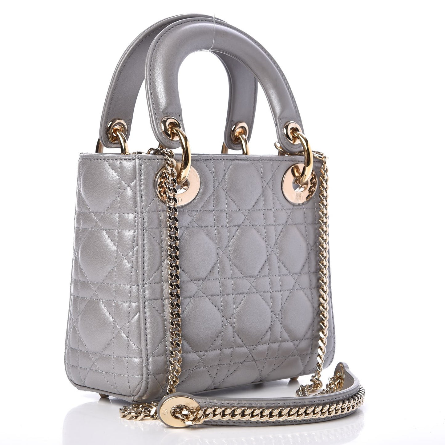 Metallic Lambskin Cannage Mini Lady Dior Grey