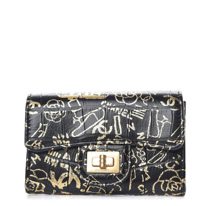 Chanel Calfskin Crocodile Embossed Graffiti 2.55 Cocodile Reissue Flap Card Holder Black Gold 1 of 10