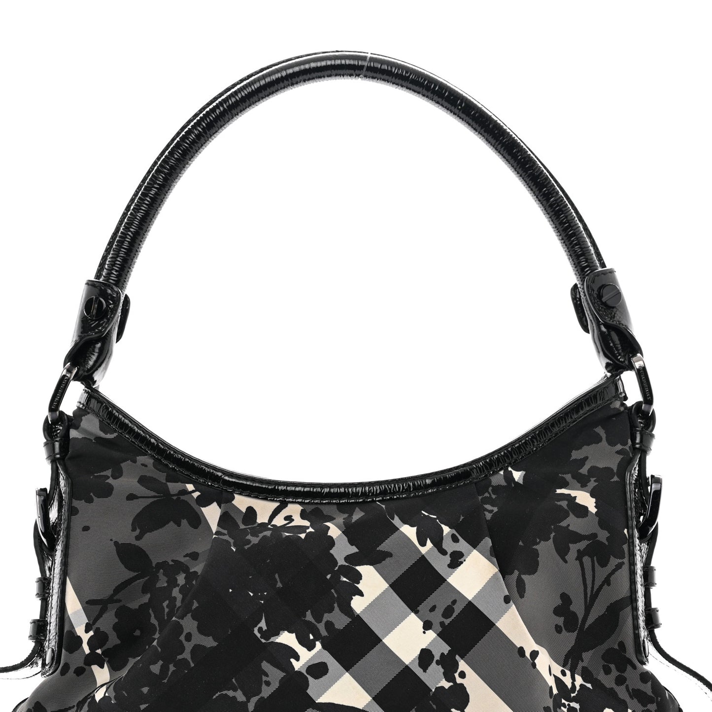 Patent Nylon Beat Check Floral Print Hobo Black