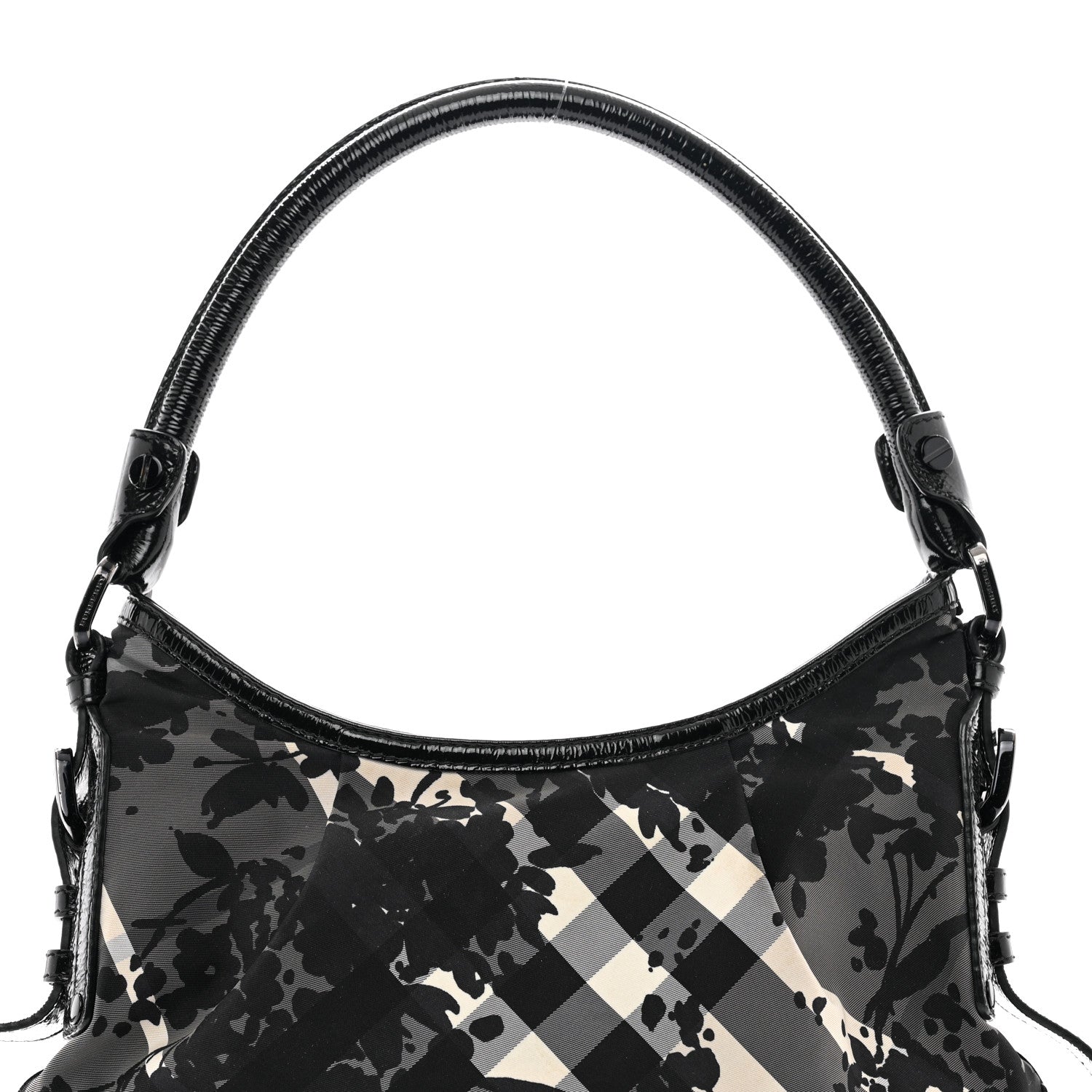 Burberry Patent Nylon Beat Check Floral Print Hobo Black 7 of 12